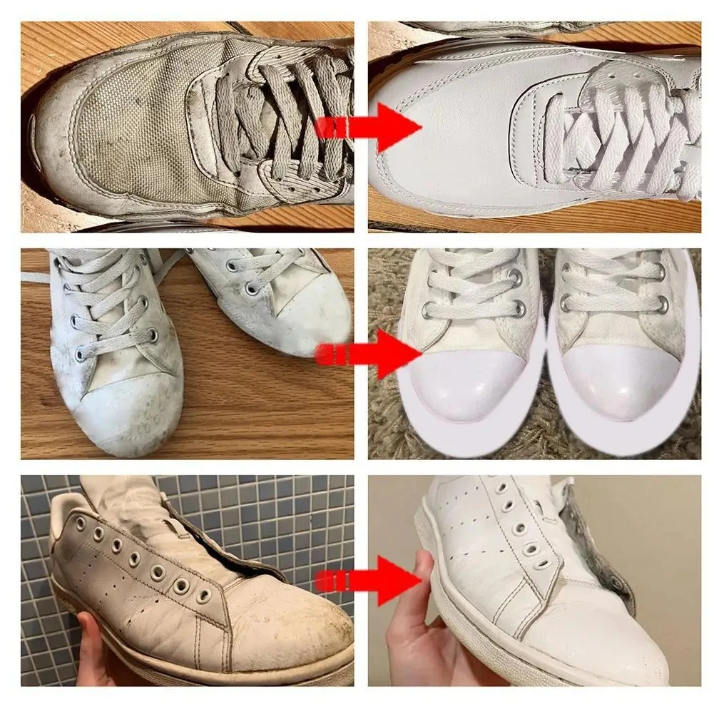 Comparación de tenis sucios y limpios tras usar limpiador crema, mostrando eliminación de manchas y recuperación del brillo en diferentes ángulos y modelos.