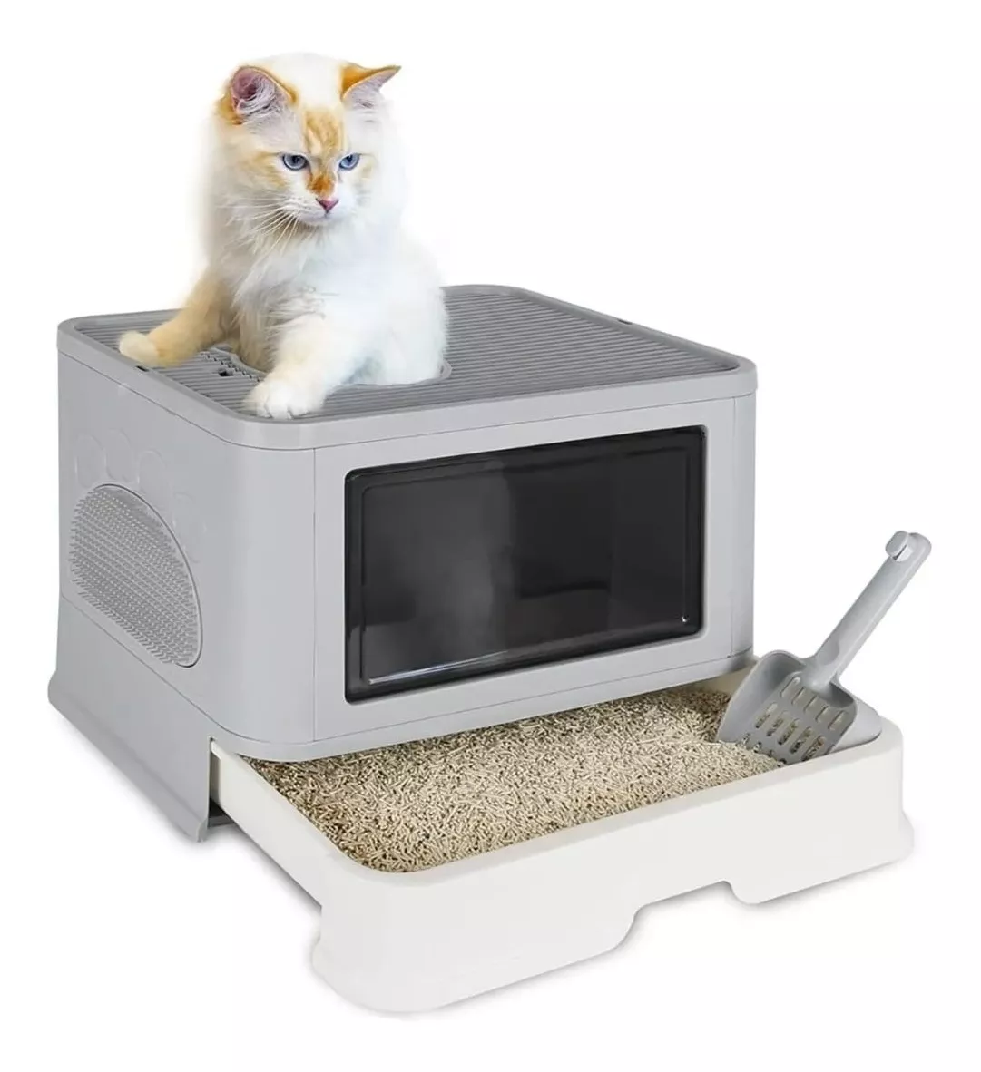 Arenera para gato plegable con tapa y filtro, color gris claro, con gato sentado encima y pala de arena incluida.