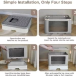 Diagrama de cuatro pasos para instalar arenera plegable gris con tapa y filtro, mostrando ensamblaje de paneles y colocación de cubierta superior.
