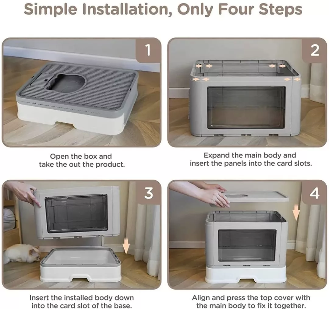 Diagrama de cuatro pasos para instalar arenera plegable gris con tapa y filtro, mostrando ensamblaje de paneles y colocación de cubierta superior.