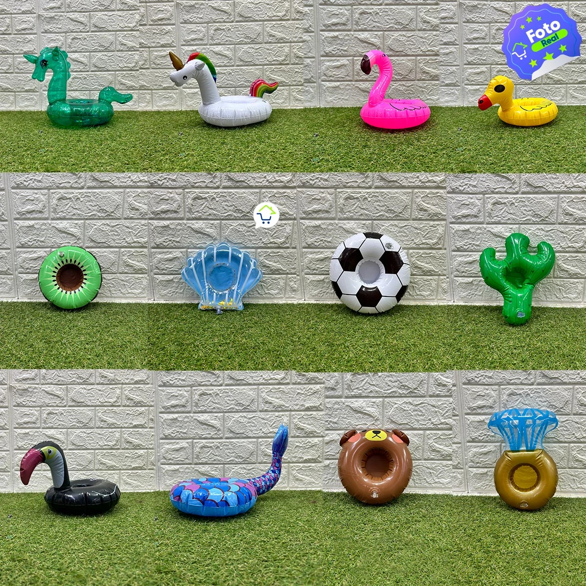 Set de flotadores inflables para piscina con diseños tropicales, animales y formas divertidas en colores vivos sobre céspad