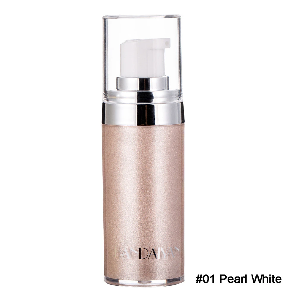 Iluminador corporal en presentación individual, color Pearl White, con acabado perlado y textura brillante. Envase cilíndrico con bomba dispensadora y tapa transparente.