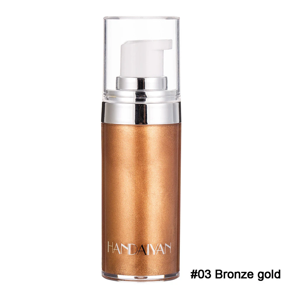 Iluminador corporal de la marca Handaiyan, presentación en frasco con bomba dispensadora, color bronce dorado con acabado metálico brillante.