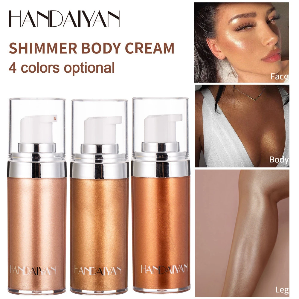Set de tres frascos de crema iluminadora corporal en tonos dorados, con aplicador blanco y detalles plateados. Incluye demostración de uso en rostro, cuello y piernas.