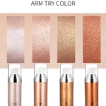 Cuatro iluminadores corporales de la marca FANMAY en presentación de vidrio con bomba, mostrando sus tonos y texturas brillantes: rosa pálido, rosa dorado, dorado intenso y cobre.