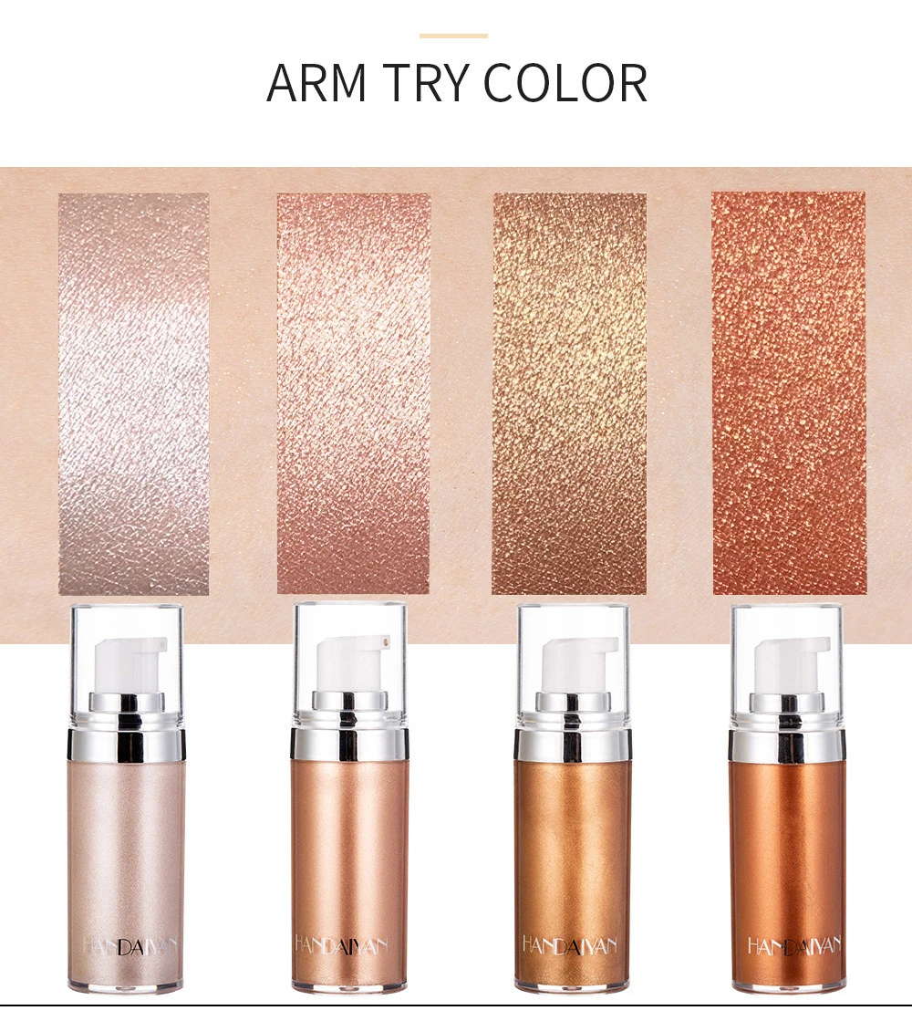 Cuatro iluminadores corporales de la marca FANMAY en presentación de vidrio con bomba, mostrando sus tonos y texturas brillantes: rosa pálido, rosa dorado, dorado intenso y cobre.