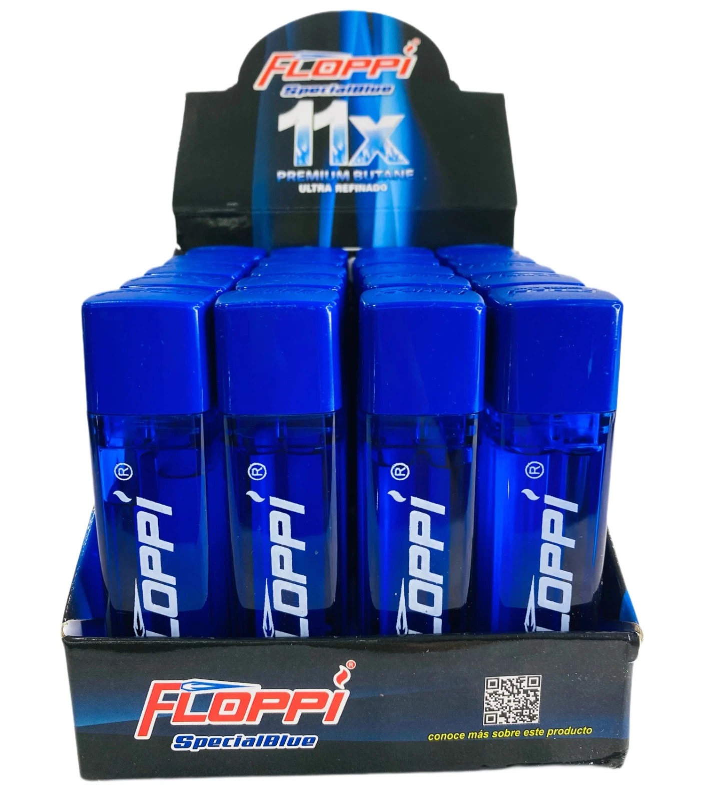 Pack de tres pipetas de gas butano recargables, modelo Floppi SpecialBlue, color azul intenso con tapa cuadrada y diseño compacto para rellenar sopletes y encendedores.