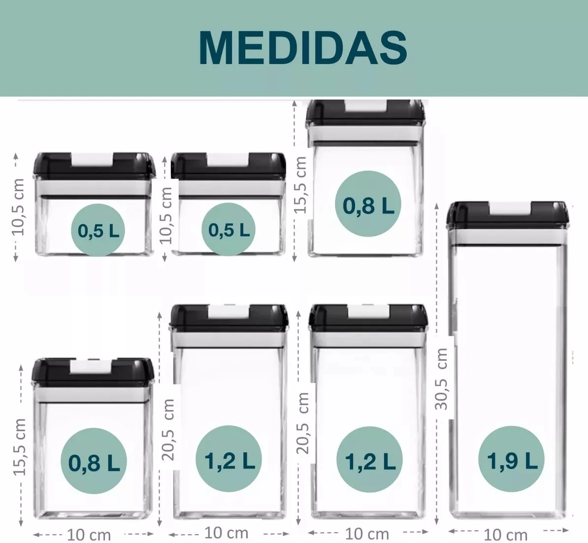 Contenedores herméticos de plástico ABS con tapa de bloqueo, en varios tamaños (0,5 L, 0,8 L, 1,2 L, 1,9 L) y alturas de 10,5 a 30,5 cm, ideales para organizar despensa.