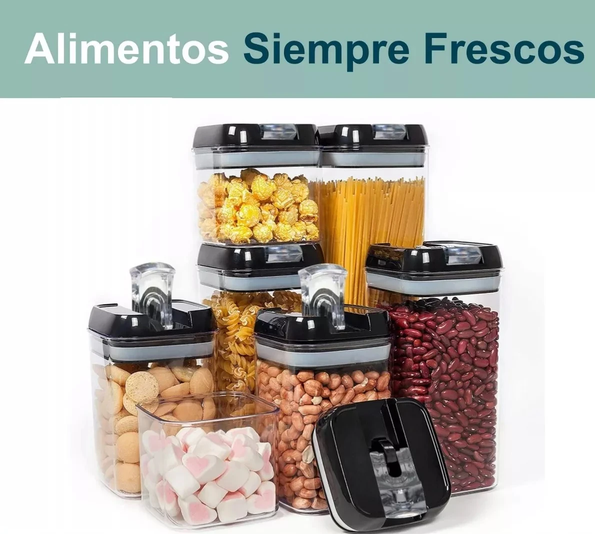 Set de contenedores herméticos de plástico ABS con tapas de bloqueo, organizando alimentos secos como granos, pasta, galletas y dulces en despensa.