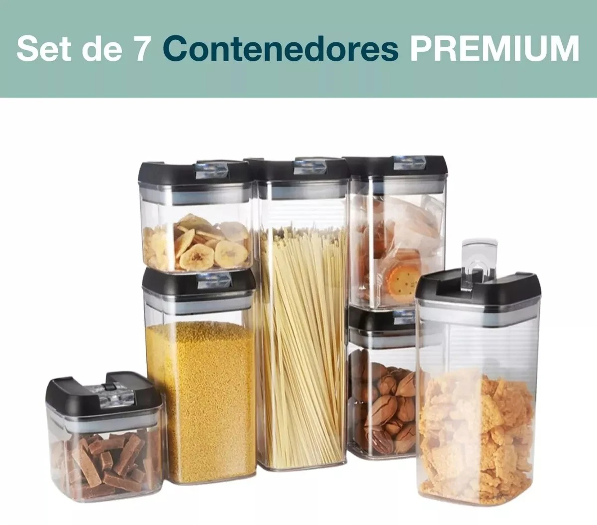 Set de siete contenedores herméticos de plástico transparente con tapas negras, dispuestos en diferentes tamaños y mostrando alimentos secos como granos, pasta y frutos secos.