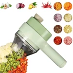 Picatodo manual verde claro con mango ergonómico, contenedor transparente y accesorios para picar verduras, hierbas y especias en diferentes texturas.