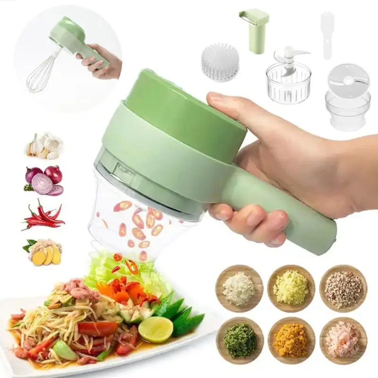 Picatodo manual verde con mango ergonómico, accesorio de batidor, rallador y cortador. Incluye recipientes desmontables y muestra ingredientes picados y platos listos.