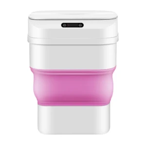Basurero plegable blanco con sección rosa, sensor táctil en tapa superior y diseño compacto para uso portátil.