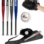 Juego de béisbol Wonder con bate de 29 pulgadas en cuatro colores, pelota y guante negro, ideal para entrenamiento y mejora del swing.