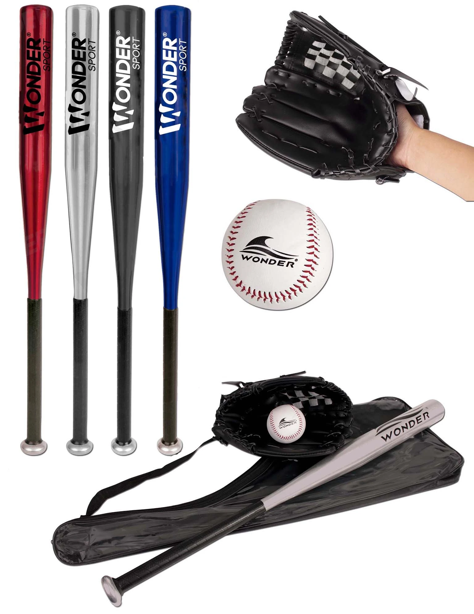Juego de béisbol Wonder con bate de 29 pulgadas en cuatro colores, pelota y guante negro, ideal para entrenamiento y mejora del swing.