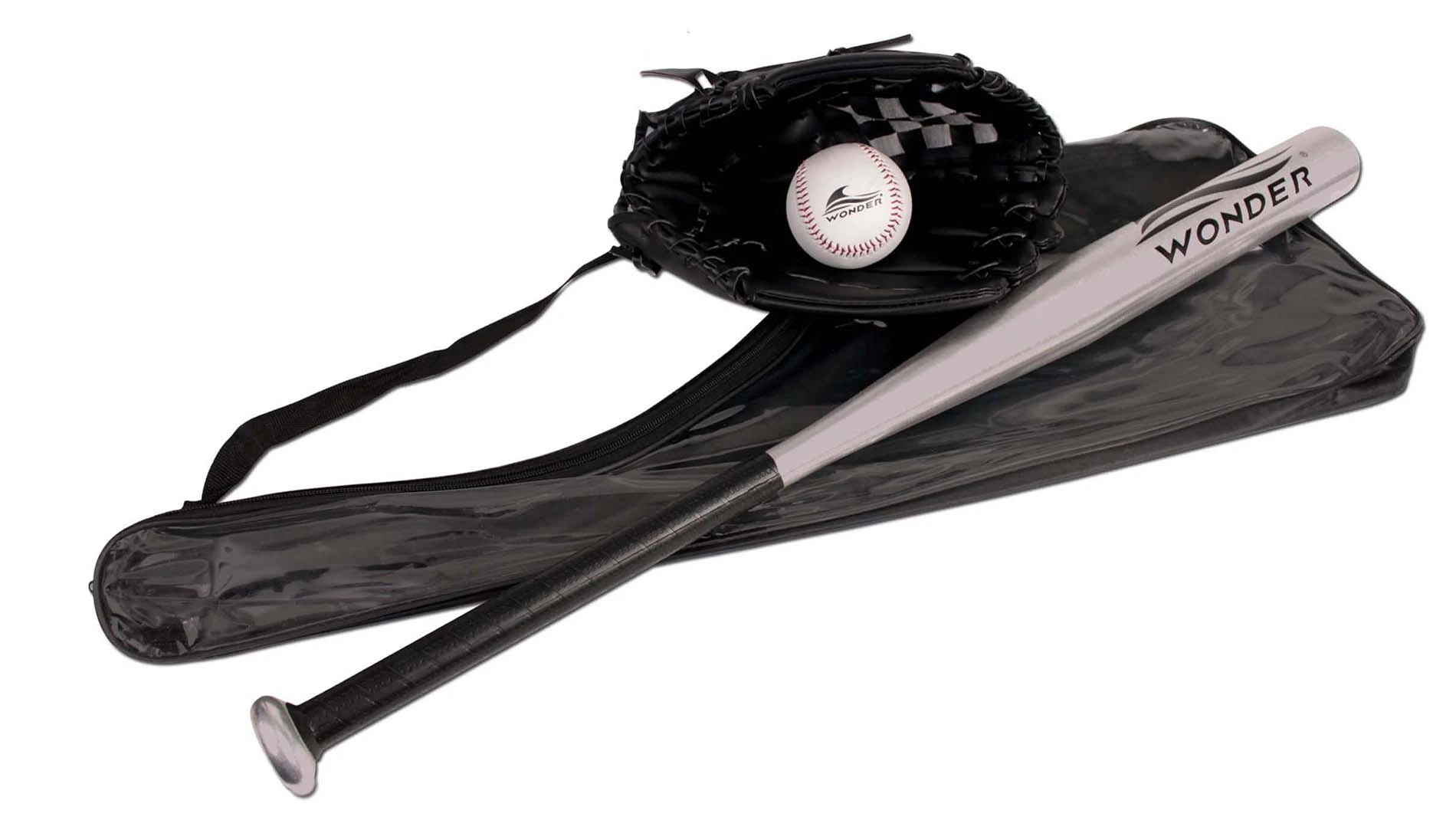 Bate de baseball Wonder de 29 pulgadas con guante y pelota, sobre funda negra. Ideal para entrenamiento y mejora del swing.