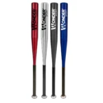 Cuatro bates de béisbol Wonder Sport de 29 pulgadas en colores rojo, plateado, negro y azul, con mango negro y punta metálica, dispuestos verticalmente sobre fondo blanco.