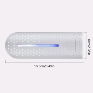 Secador eléctrico de zapatos blanco con luces UV-C visibles, dimensiones 16,5 x 6 cm, diseño compacto con panel de control lateral.