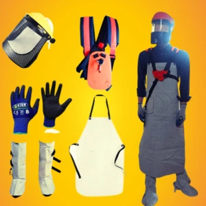 Kit de protección integral para carnaza: incluye careta amarilla, guantes KIER, botas de cuero, delantal blanco, mochila con sistema de suspensión y arnés rojo.
