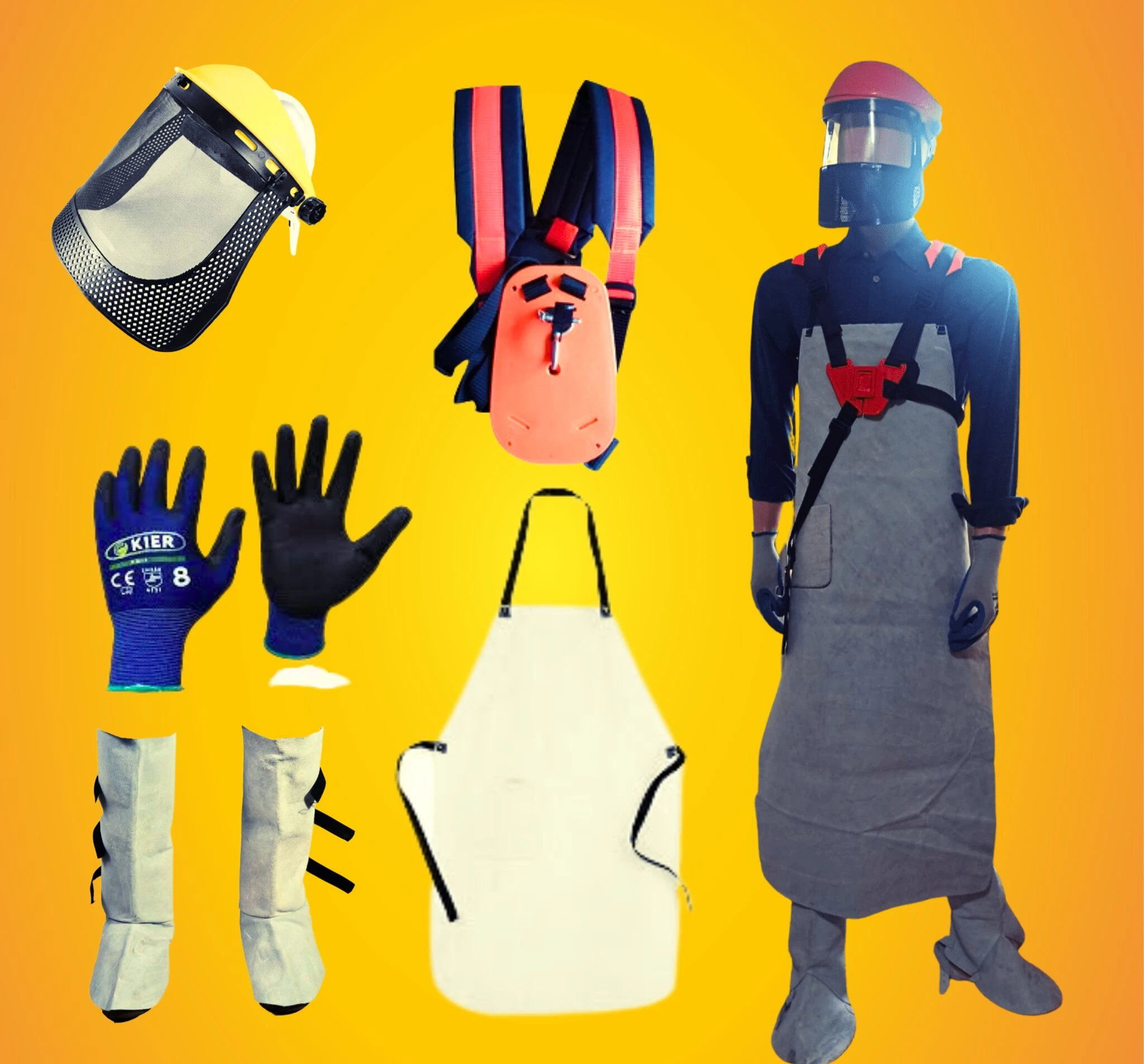 Kit de protección integral para carnaza: incluye careta amarilla, guantes KIER, botas de cuero, delantal blanco, mochila con sistema de suspensión y arnés rojo.