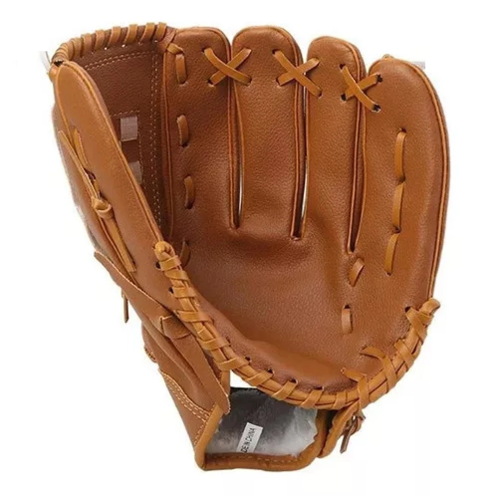 Guante de béisbol de cuero sintético color marrón claro, con costuras reforzadas y diseño para principiantes, mostrando vista frontal con dedos abiertos y empuñadura visible.