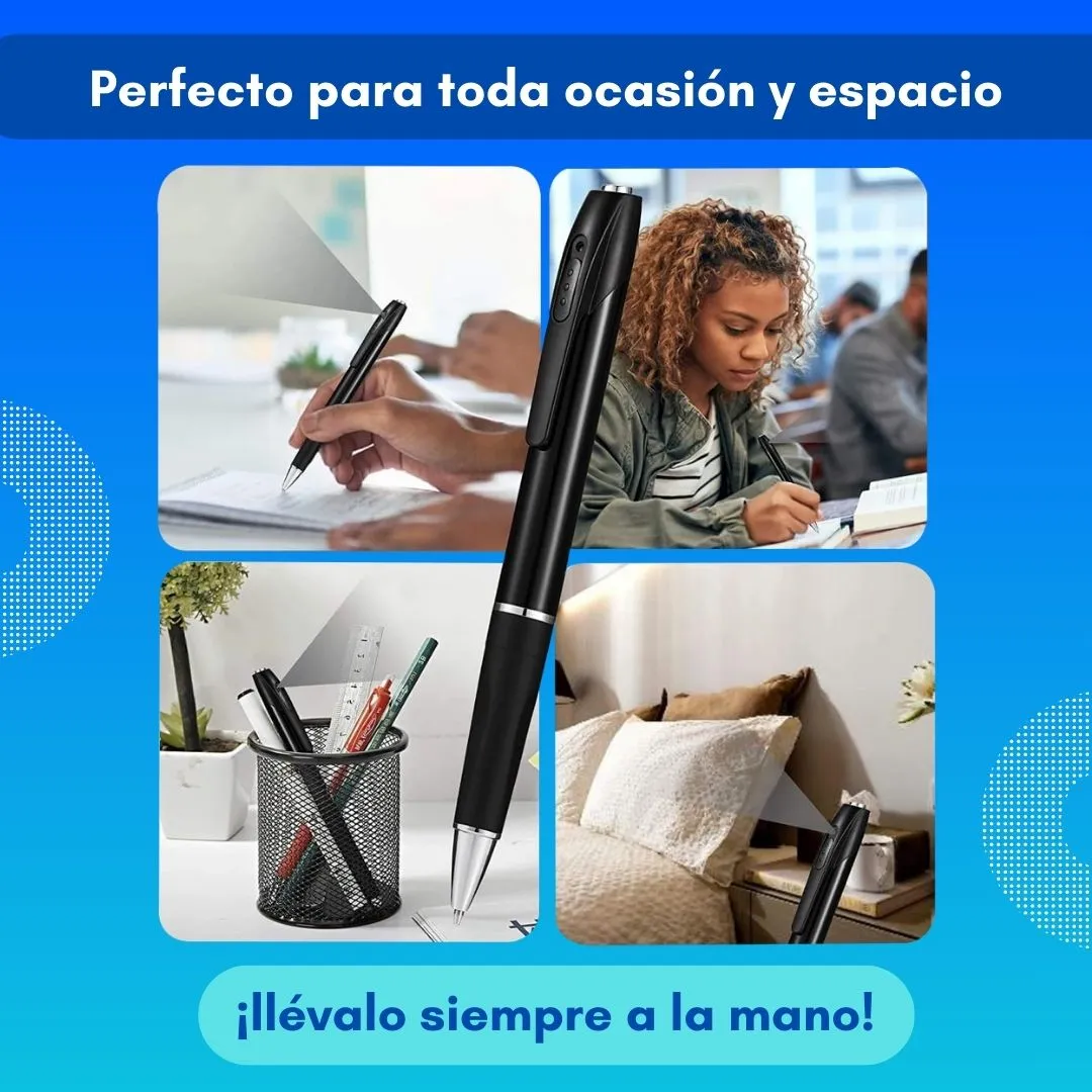 Bolígrafo negro con cámara integrada, mostrando uso en oficina, estudio y hogar. Incluye portapapeles con accesorios y pluma destacada en primer plano.