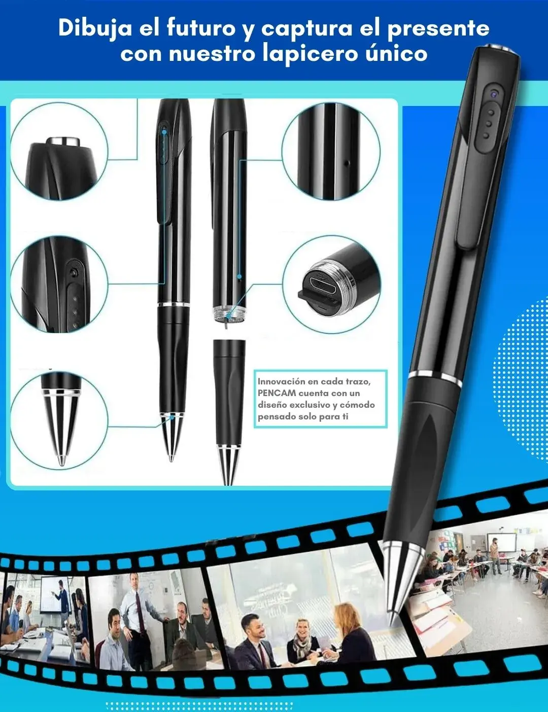 Bolígrafo negro con detalles plateados, diseño ergonómico y detalles técnicos visibles en vistas desmontadas; incluye cámara oculta y sistema de escritura simultánea.