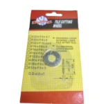Paquete de rodaja de diamante industrial para cortabaldosas, con lista de medidas disponibles y diagrama técnico en empaque amarillo y rojo.
