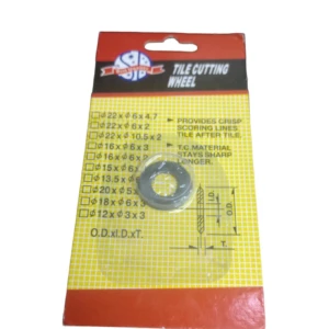 Paquete de rodaja de diamante industrial para cortabaldosas, con lista de medidas disponibles y diagrama técnico en empaque amarillo y rojo.