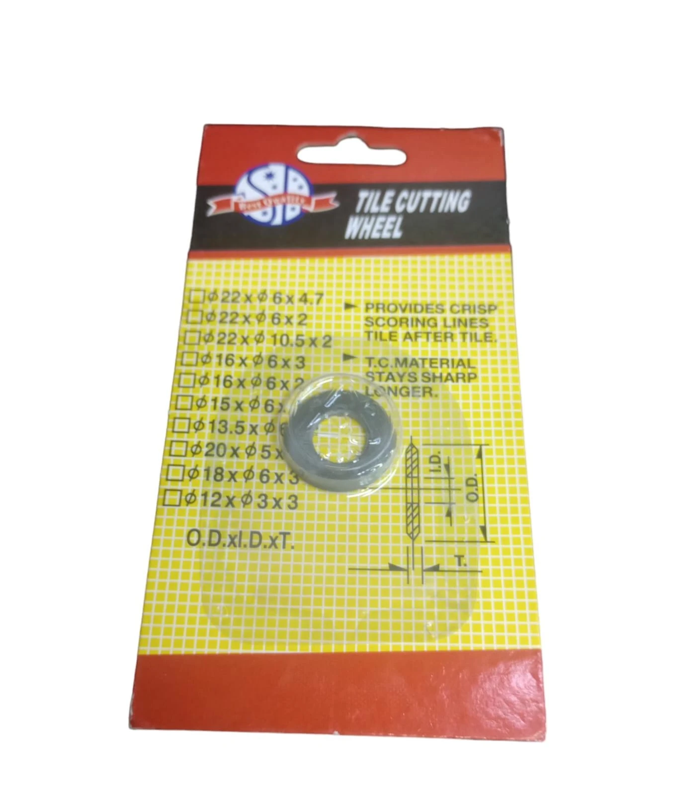 Paquete de rodaja de diamante industrial para cortabaldosas, con lista de medidas disponibles y diagrama técnico en empaque amarillo y rojo.