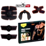 Pack de cinco electrodos negros con bordes naranjas para entrenador muscular EMS inalámbrico, mostrando variantes de forma y tamaño, junto con caja que indica serie Smart Fitness 5 en 1.