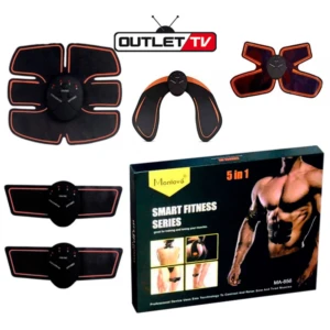 Pack de cinco electrodos negros con bordes naranjas para entrenador muscular EMS inalámbrico, mostrando variantes de forma y tamaño, junto con caja que indica serie Smart Fitness 5 en 1.