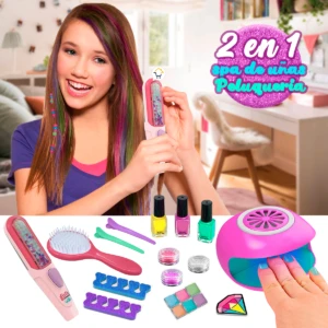 Kit de uñas y secador de pelo mágico para niñas, con cepillo, esmaltes, secador rosa y accesorios de manicura.