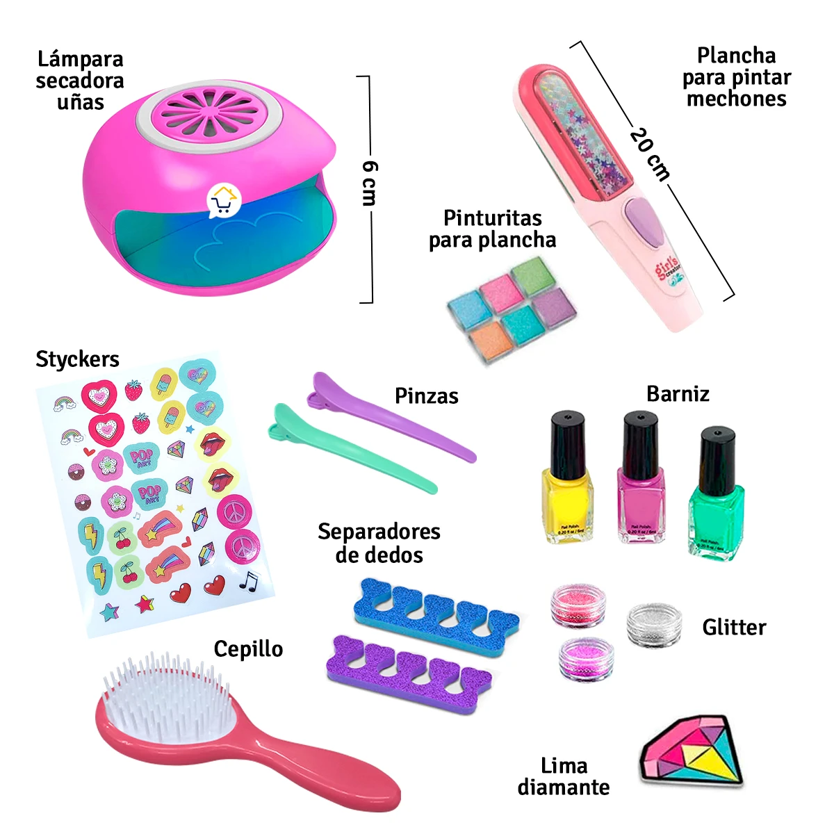 Kit de uñas y secador de pelo mágico para niñas, incluye lámpara rosa con ventilador, plancha pintorita, pinturitas, barniz, glitter, pinzas, separadores de dedos, cepillo y lima diamante.