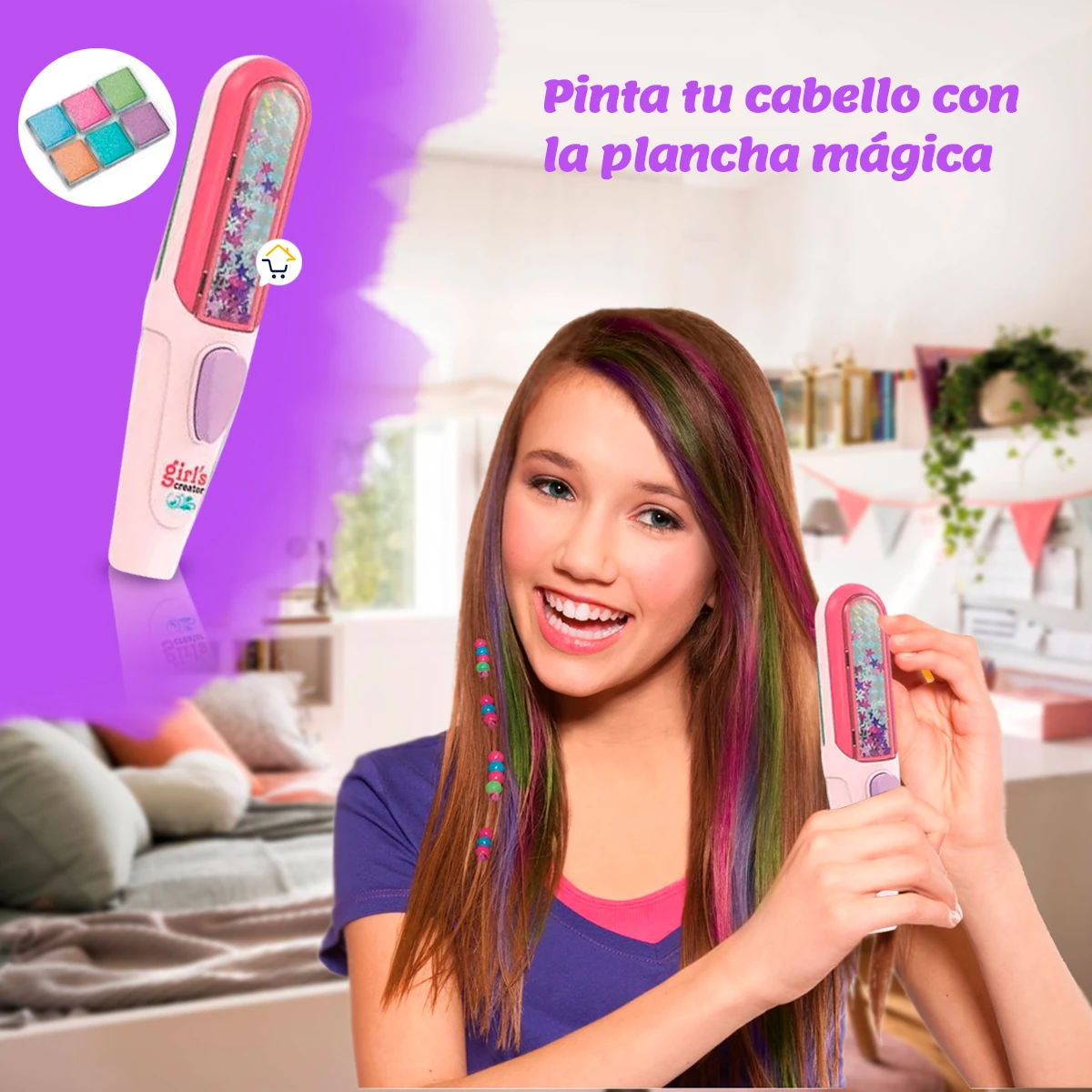 Niña sonriente usando plancha mágica rosa con tintes brillantes en cabello, mostrando efecto de colorido en mechones; incluye paleta de colores en esquina superior izquierda.