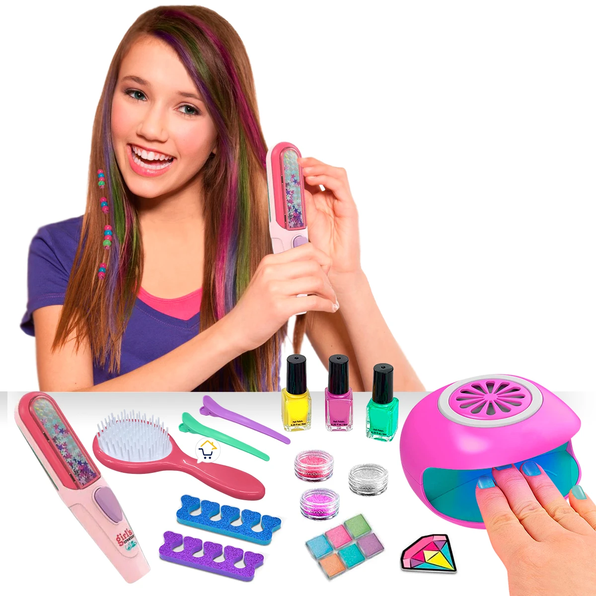Kit de uñas y secador de pelo mágico para niñas, con cepillo, esmaltes, base de secado y accesorios en colores rosa, morado y verde.