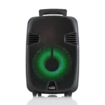 Parlante bafle negro Kalley BSK8W con luces LED verdes y micrófono integrado, ideal para fiestas y karaoke.