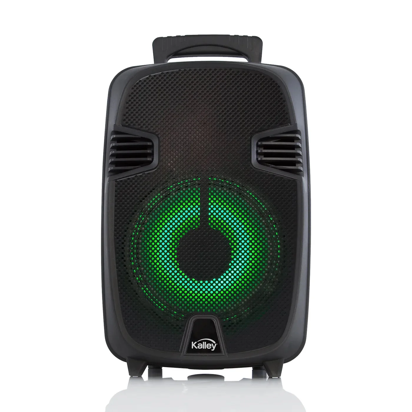 Parlante bafle negro Kalley BSK8W con luces LED verdes y micrófono integrado, ideal para fiestas y karaoke.