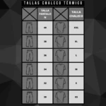 Tabla de tallas para chaleco térmico hombre, con equivalencias entre talla de pantalón y talla de chaleco, desde XS hasta XXL.