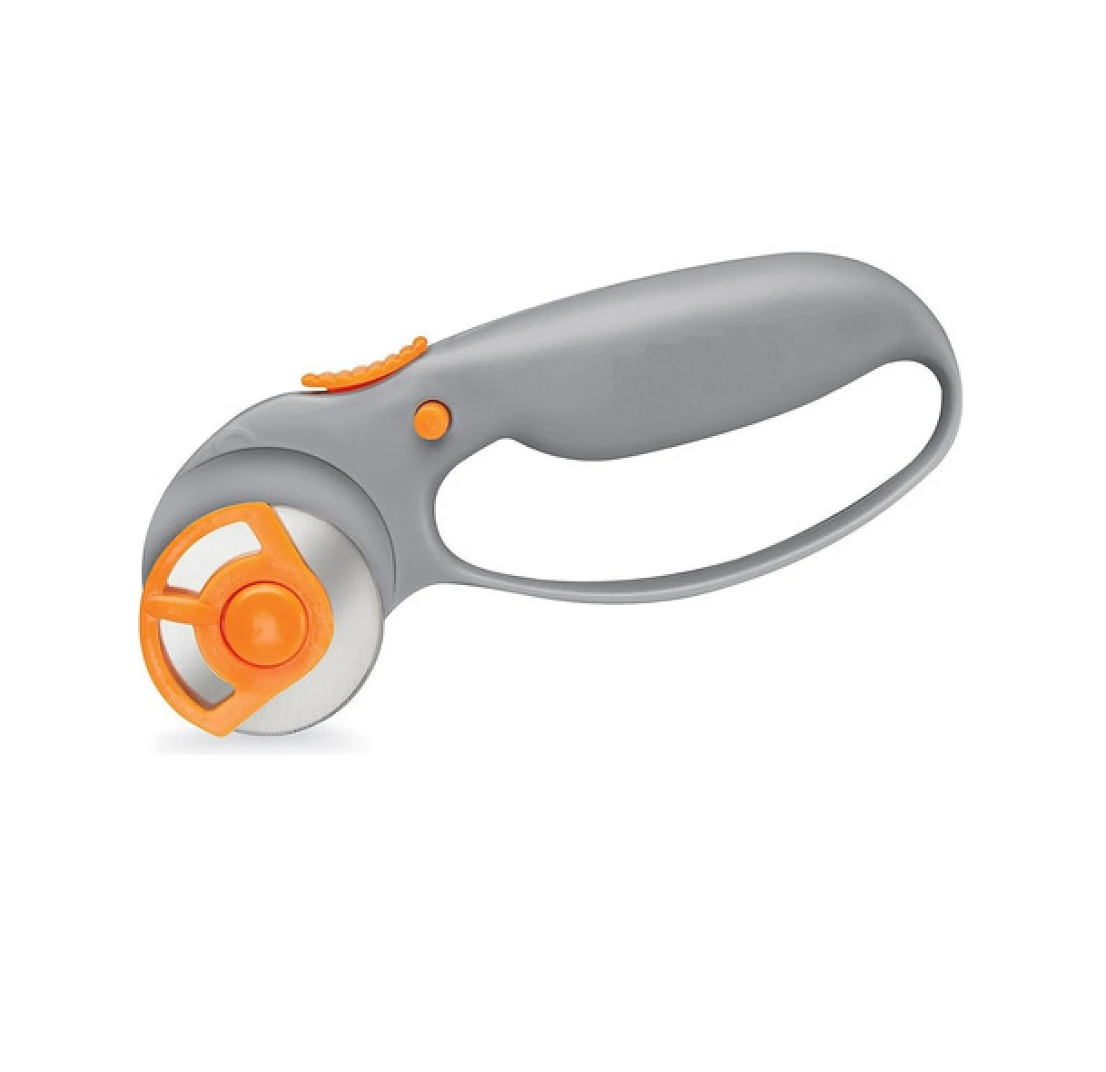 Cortador giratorio con mango ergonómico gris y detalles naranjas, diseñado para manualidades. Incluye rueda de corte con protección naranja.