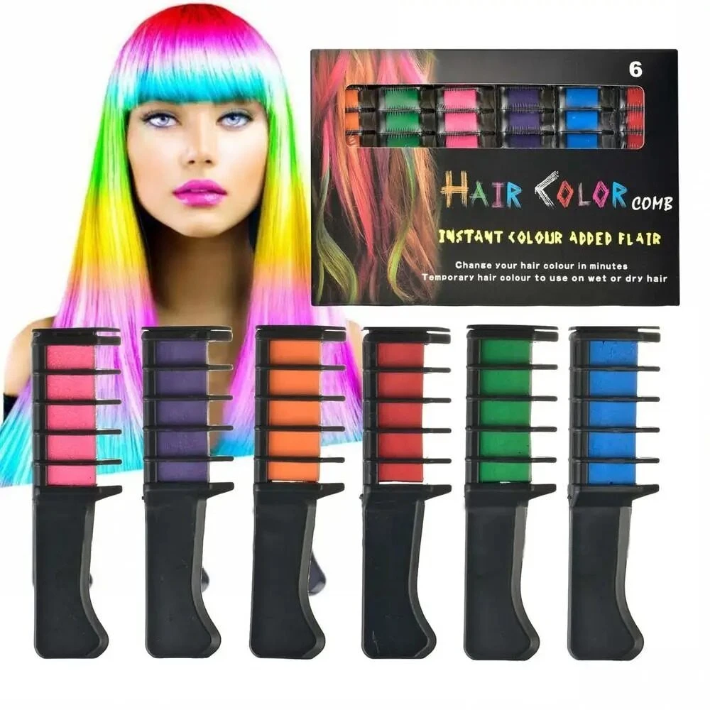 Set de seis peines con tiza para teñir cabello, mostrando colores rosa, azul, morado, naranja, rojo, verde y azul. Incluye modelo con cabello multicolor y caja del producto.