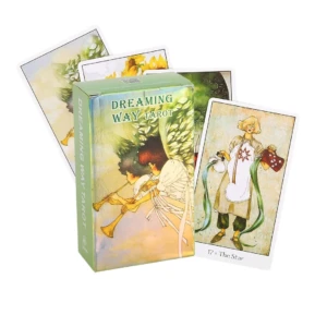 Baraja Tarot Dreaming Way con arte asiático, mostrando la carta 17 La Estrella y el empaque con de figuras en tonos verdes y dorados.