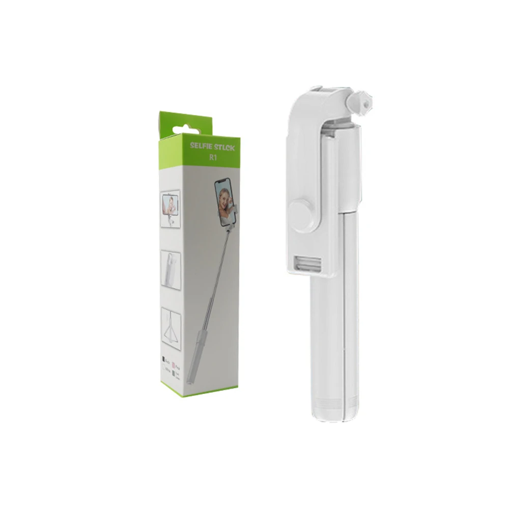 Palo selfie blanco con trípode integrado, modelo R1, mostrando empaque y dispositivo extendido para fotografía y video.