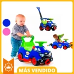 Carro paseador montable para bebés en azul y verde, con ruedas rojas y manija ergonómica; incluye variante de empuje y uso como andador.