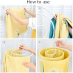 Instrucciones de uso del tendedero espiral amarillo con flores, mostrando cómo colgar sábanas y mantas en perchas blancas para secado sin arrugas.