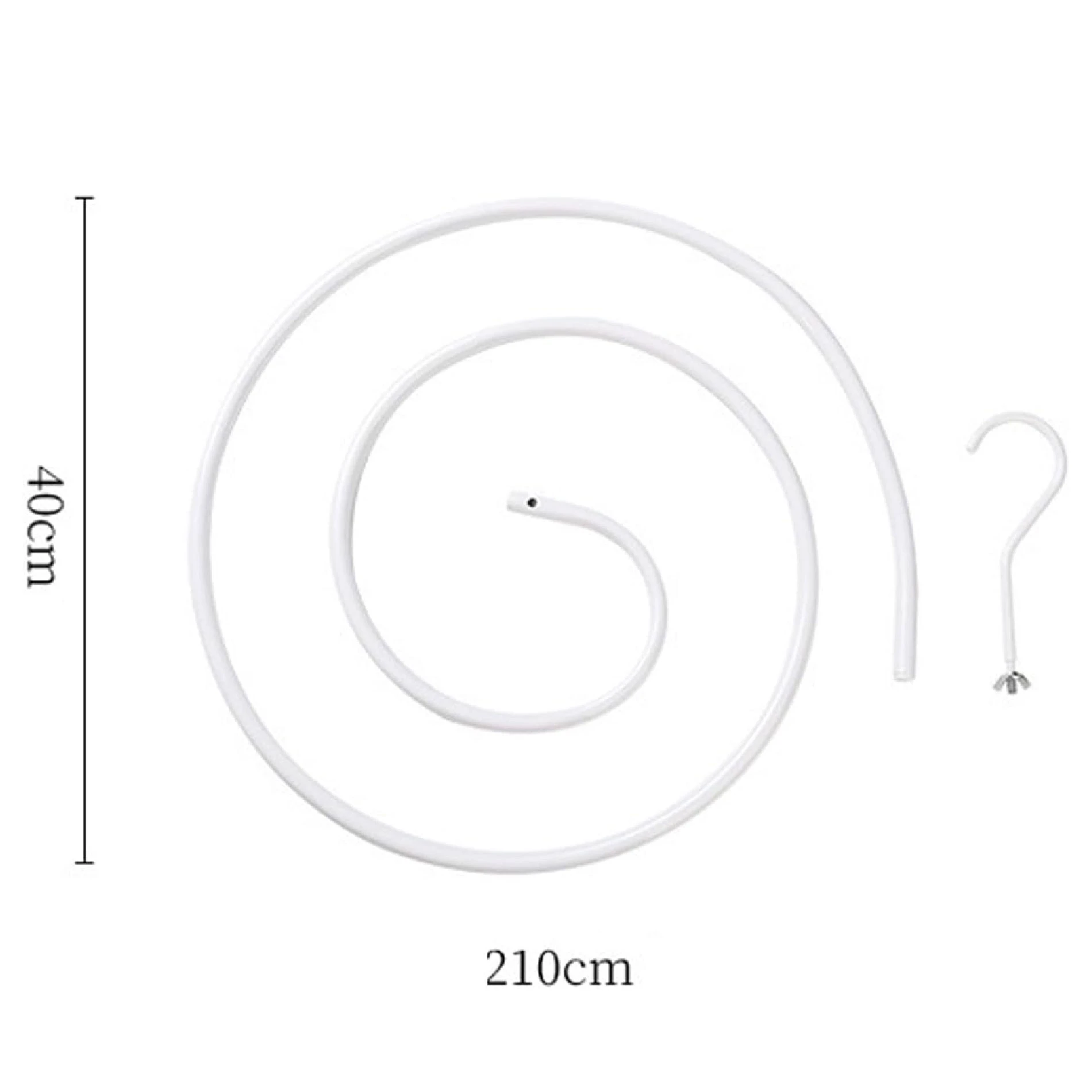 Gancho tendedor espiral blanco de 210 cm de largo y 40 cm de altura, con gancho de pared incluido.