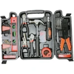 Set de herramientas Ldzt-4 de 129 piezas en caja negra abierta, mostrando llaves, destornilladores, martillo, cinta métrica y pinzas organizadas por compartimentos.