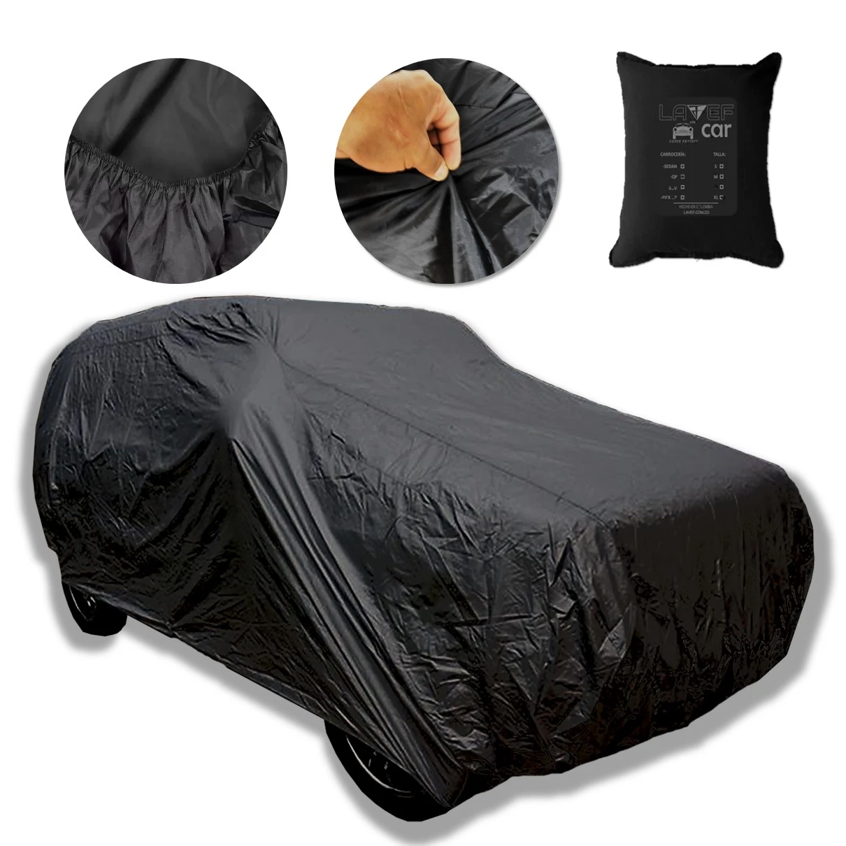Carpa pijama negra para SUV, vista frontal con detalles de ajuste elástico en bordes y etiqueta de marca visible en esquina superior derecha.