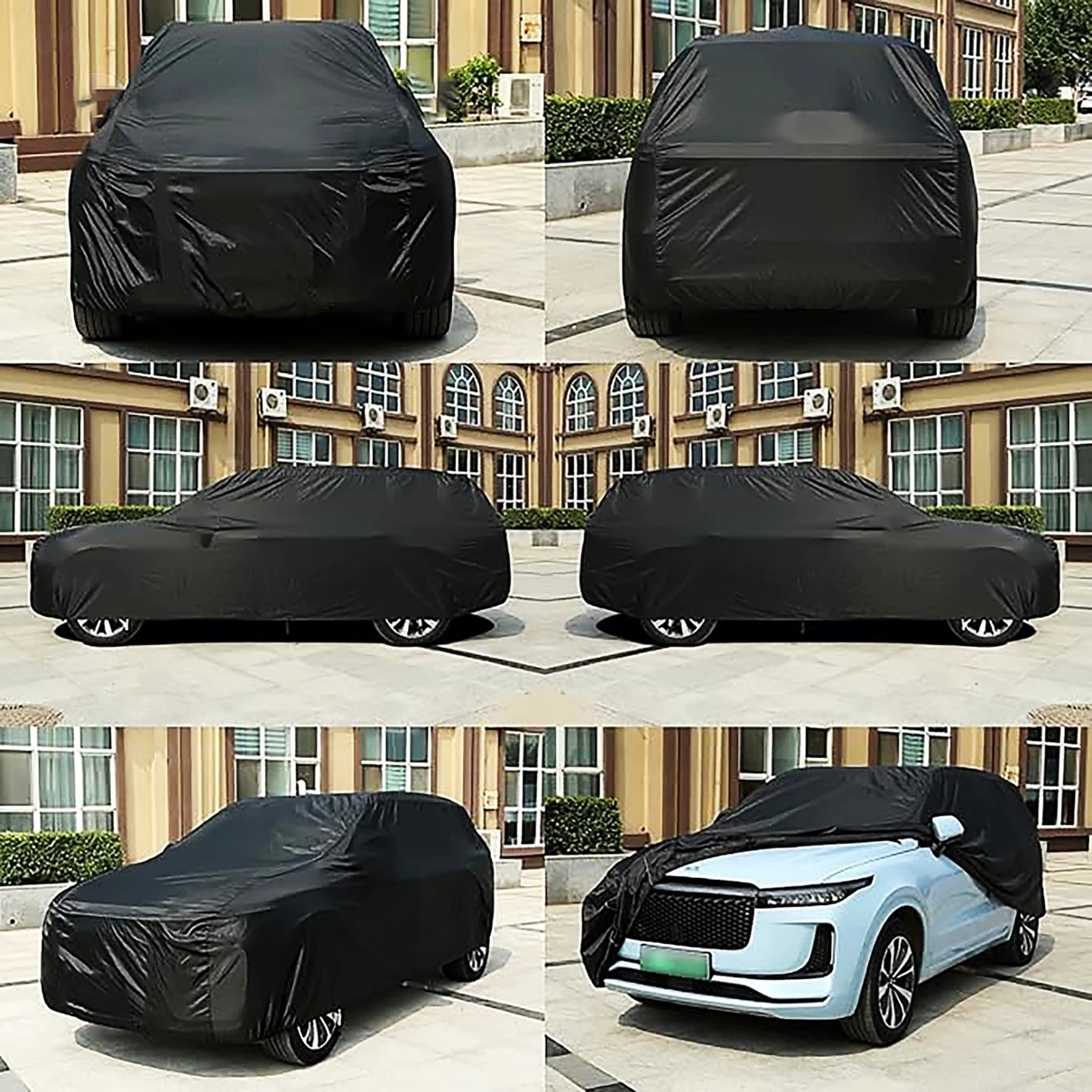 Carpa negra básica para SUV, vista frontal y lateral, mostrando protección contra polvo, sol y lluvia en diferentes ángulos.