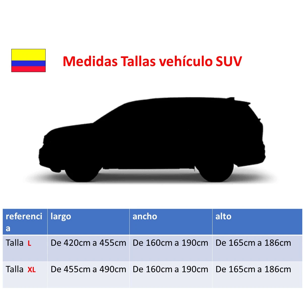Carpa Pijama SUV negra básica con medidas de tallas L y XL, mostrando dimensiones de largo, ancho y alto para protección contra polvo, sol y lluvia.